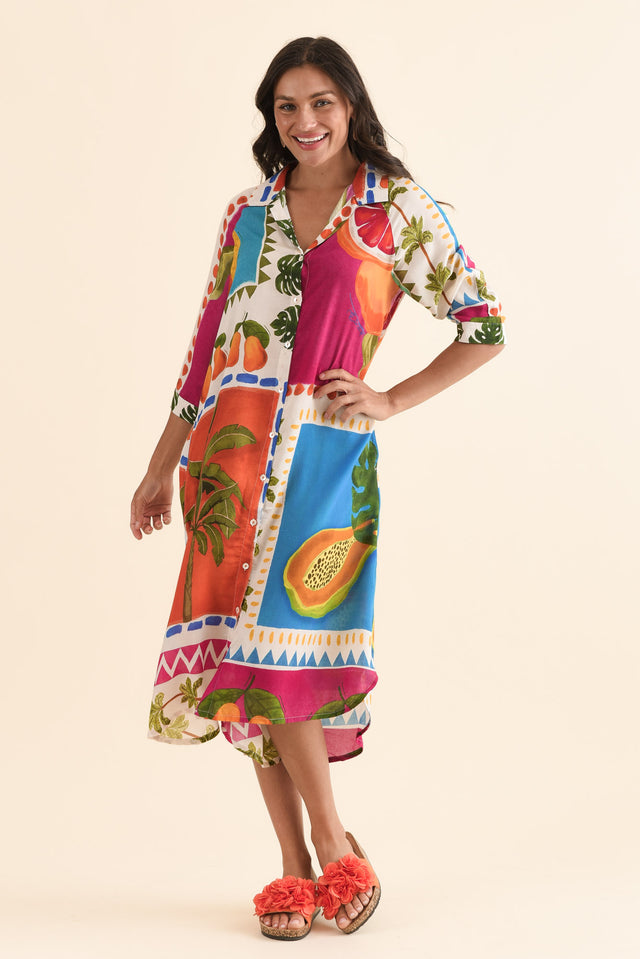 Zinnia Blue Tropical Shirt Dress,Full Body,Brunette model,alt text|model:Brontie image 6