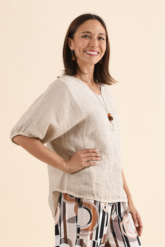 Ziola Beige Linen Cotton Top,Side,Brunette model,alt text|model:Cara image 3