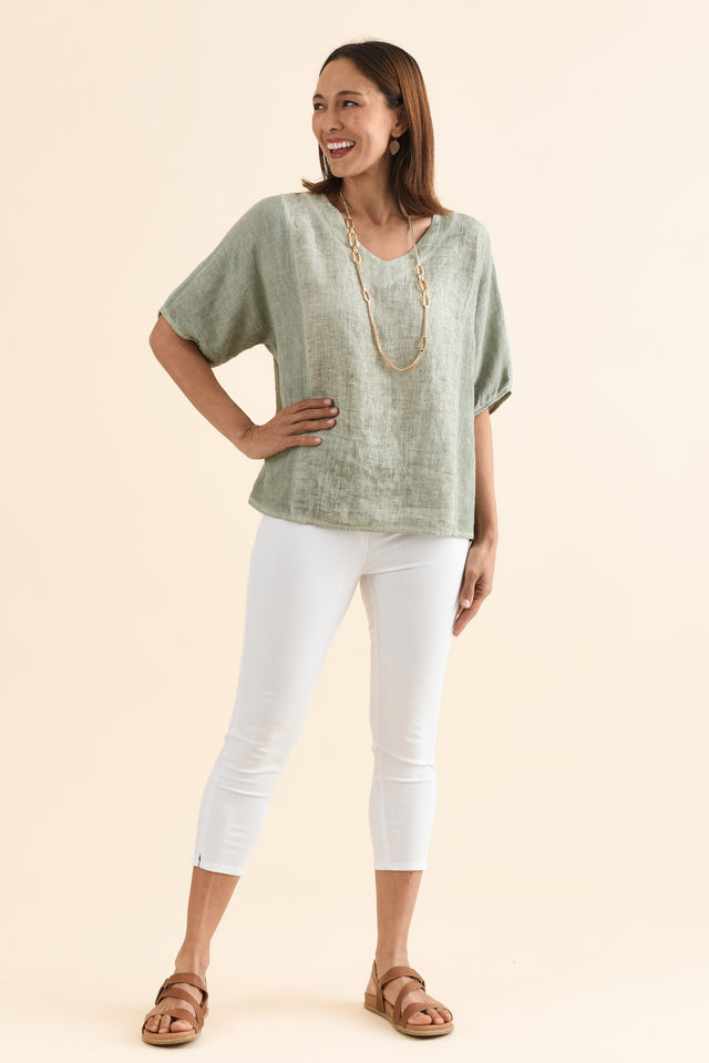 Ziola Khaki Linen Cotton Top,Full Body,Brunette model,alt text|model:Cara image 6