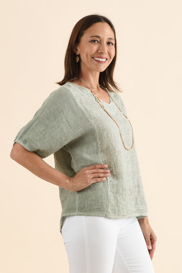 Ziola Khaki Linen Cotton Top,Side,Brunette model,alt text|model:Cara image 3