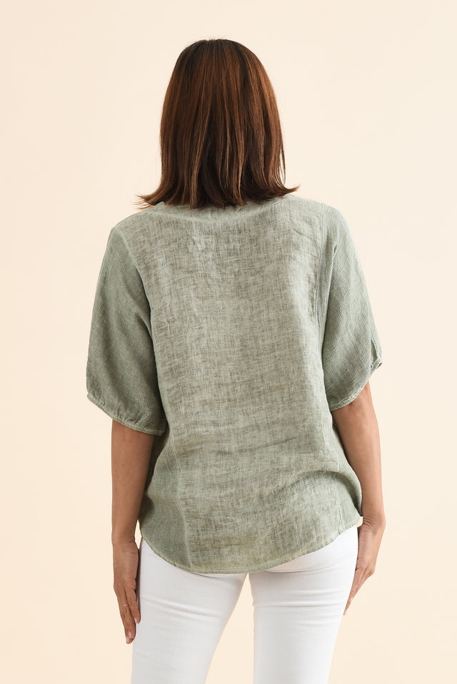 Ziola Khaki Linen Cotton Top,Back,Brunette model,alt text|model:Cara image 4