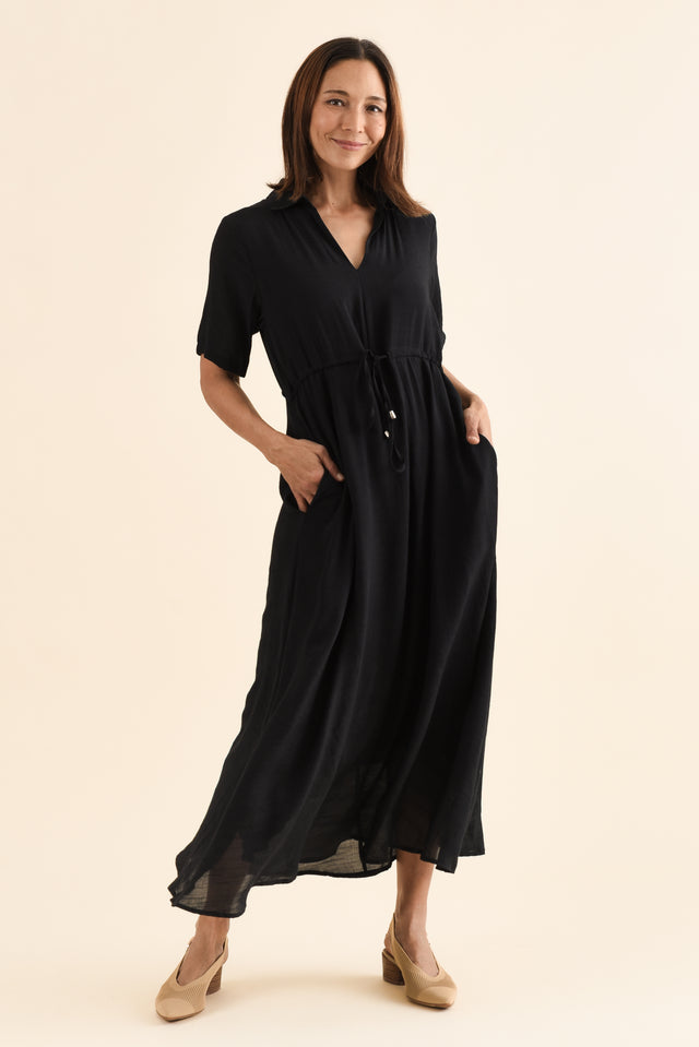 Zoya Black Pocket Tie Dress,Full Body,Brunette model,alt text|model:Cara