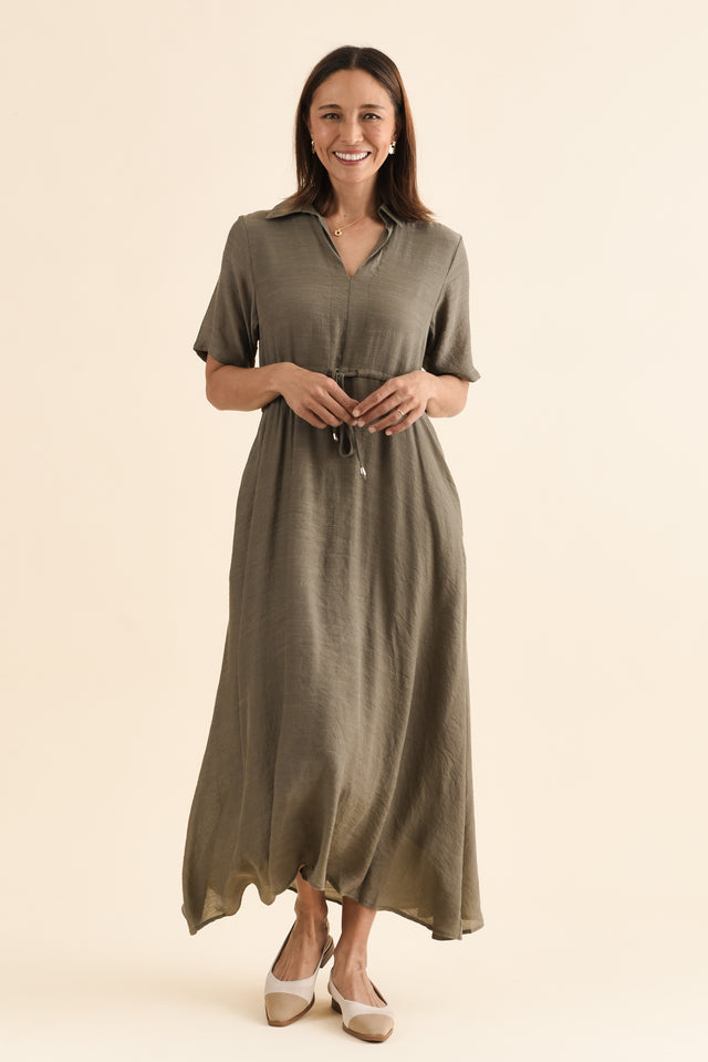 Zoya Khaki Pocket Tie Dress,Full Body,Brunette model,alt text|model:Cara