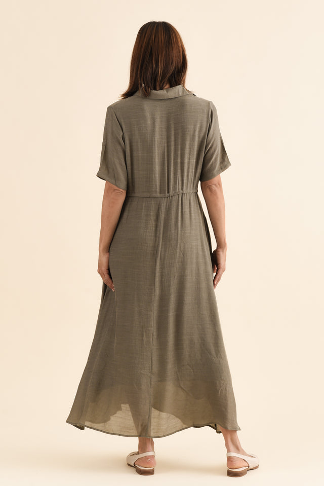 Zoya Khaki Pocket Tie Dress,Back,Brunette model,alt text|model:Cara image 4