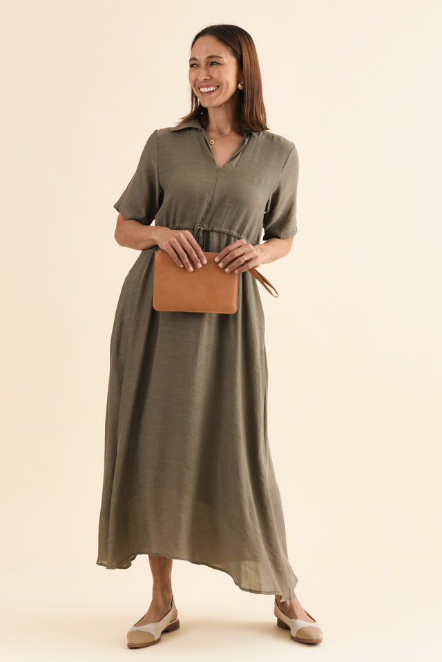 Zoya Khaki Pocket Tie Dress,Front,Brunette model,alt text|model:Cara