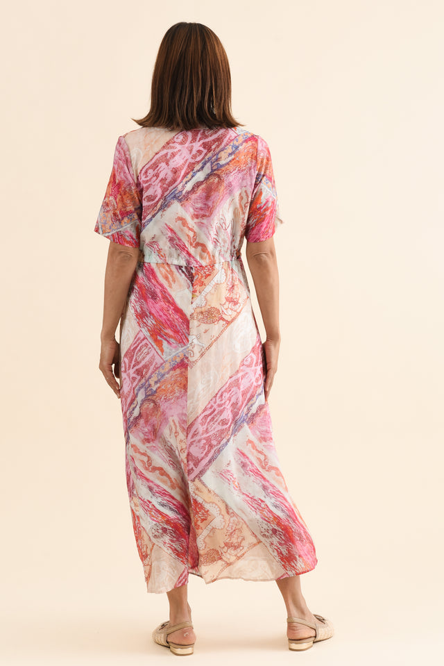 Zoya Pink Abstract Pocket Tie Dress,Back,Brunette model,alt text|model:Cara image 5