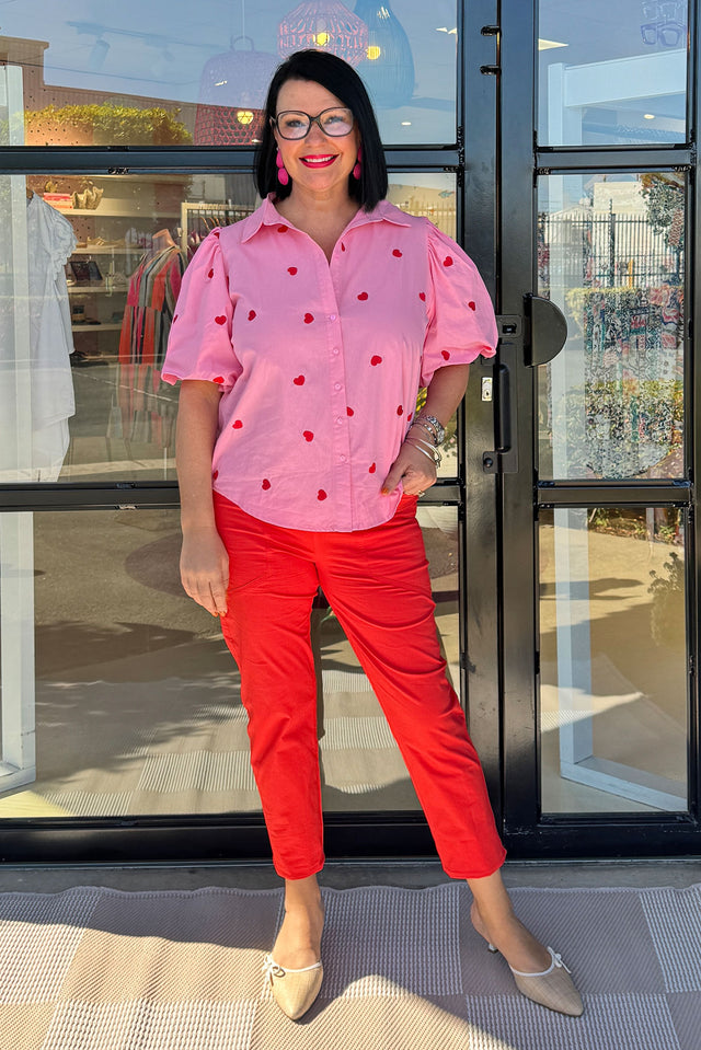 Palma Pink Heart Cotton Puff Sleeve Shirt