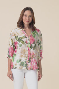 Carleen Pink Flower Foil Button Top,Video