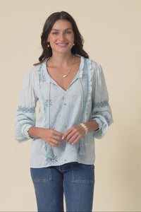 Gloria Blue Embroidered Cotton Top,Video