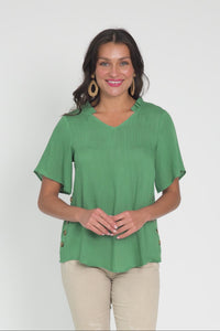 Bari Green Linen Button Top,Video