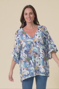 Diona Blue Floral Frill Sleeve Top,Video
