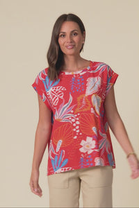Alta Red Foliage Linen Cotton Top,Video