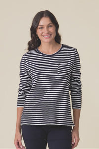 Drea Navy Stripe Cotton Long Sleeve Tee,Video