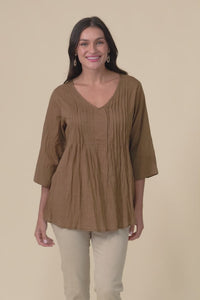 Fia Mocha Sleeved Crinkle Cotton Top,Video