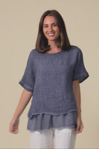 Kayla Dark Blue Linen Layered Top,Video