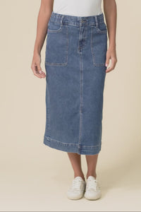 Attie Dark Blue Denim Stretch Midi Skirt,Video