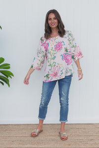 Hepburn White Blossom Linen Blend Top,Video