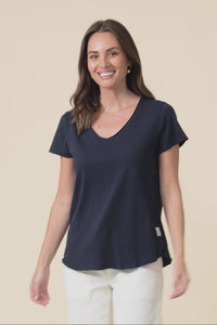 Maggie Navy Cotton Vee Tee,Video