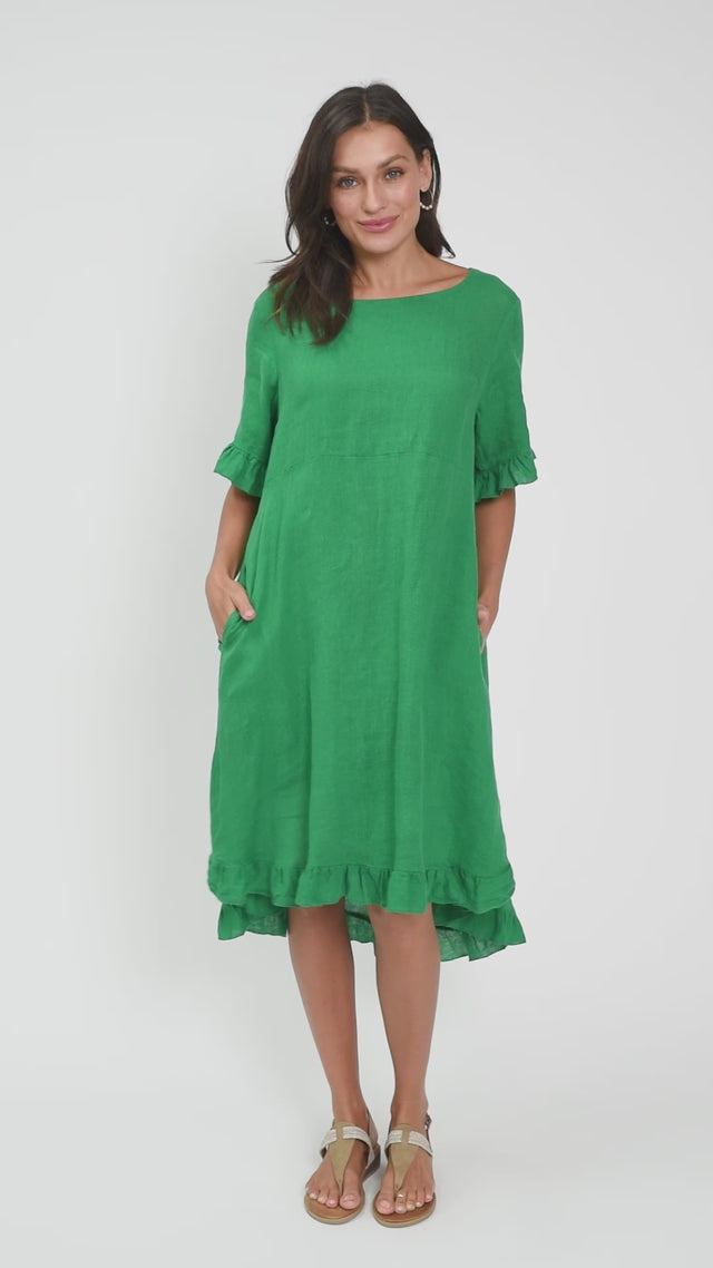 Elodie Green Linen Frill Dress thumbnail 3