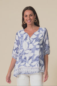 Ramy Blue Leaf Cotton Blend Top,Video