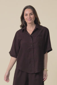 Bliss Chocolate Linen Blend Button Shirt,video