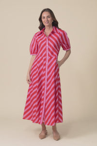 Patty Red Stripe Cotton Shirt Dress,Video