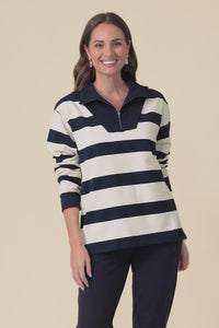 Jade Navy Stripe Cotton Half Zip Sweatshirt,Video