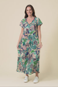 Nona Teal Foliage Crinkle Cotton Maxi Dress