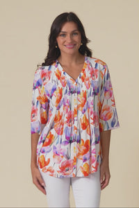 Alby Orange Flower Pleated Blouse,Video
