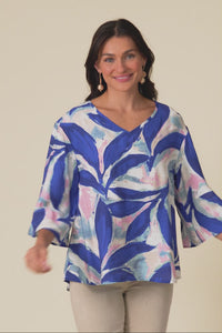 Janelle Blue Leaf V Neck Top,Video