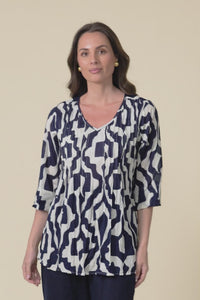 Fia Navy Motif Sleeved Crinkle Cotton Top,Video