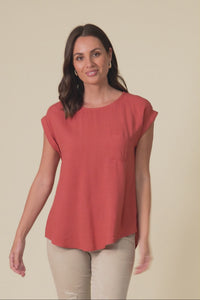 Aiden Rust Linen Blend Pocket Top,Video