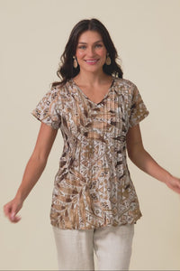 Fia Brown Aztec Leaf Crinkle Cotton Top,Video