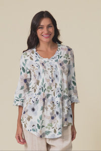 Angelo Blue Floral Cotton Button Top,Video