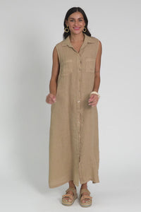 Perla Mocha Linen Button Dress,Video
