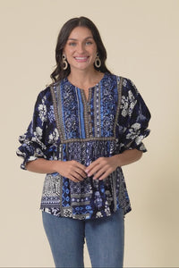 Jura Blue Motif Frill Sleeve Top,Video