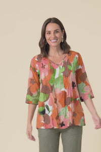 Fia Pink Floral Sleeved Crinkle Cotton Top,Video