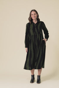 Vani Olive Stripe Cotton Button Dress,Video