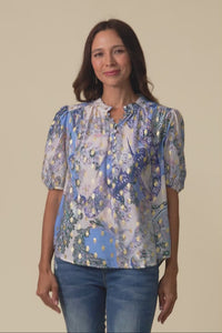 Alexandra Blue Abstract Button Top,Video
