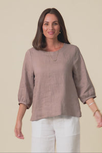 Addie Mocha Linen Sleeved Top,Video