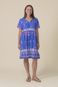 Marisol Cobalt Tropical Crinkle Cotton Dress,Video