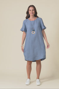 Lesley Blue Linen Flutter Sleeve Dress,Video
