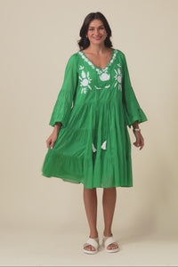 Jamaica Green Cotton Embroidered Dress,Video