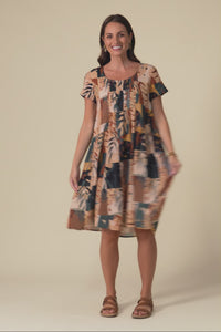 Hanoi Tan Mosaic Cotton Blend Dress,Video