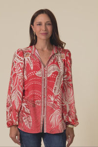 Audrey Red Palm Embroidered Blouse,Video