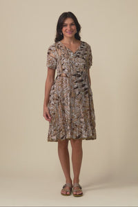 Marisol Brown Aztec Leaf Crinkle Cotton Dress,Video