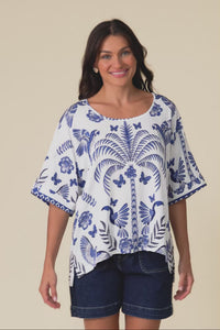 Kendria Blue Palm Batwing Top,Video