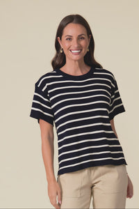 Fabian Navy Stripe Cotton Knit Top,Video