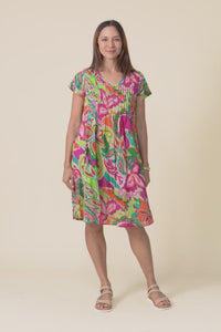 Sabina Fuchsia Botanical Crinkle Cotton Dress,Video