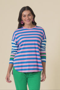 Taffy Blue Stripe Cotton Long Sleeve Tee,Video